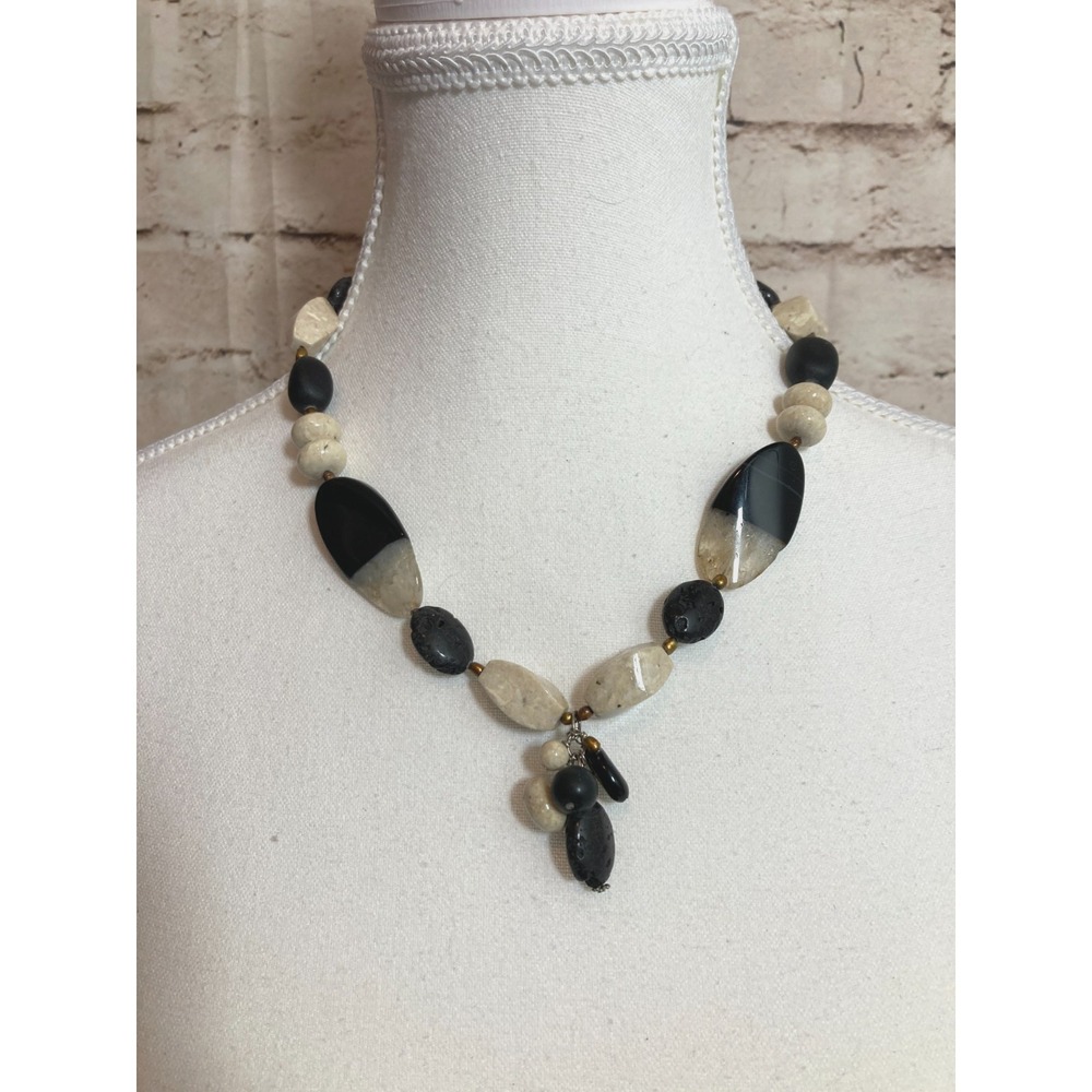 Vintage‎ Earthy Statement Necklace Artsy Ethnic Artisan Black & Cream Stones